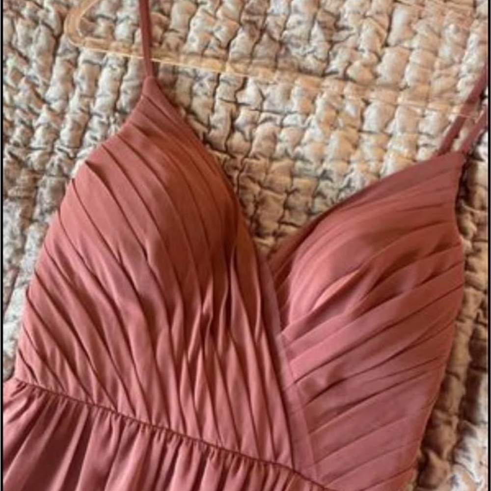 Azazie Gracie Pleated V-Neck Spaghetti Strap Gown - Mauve